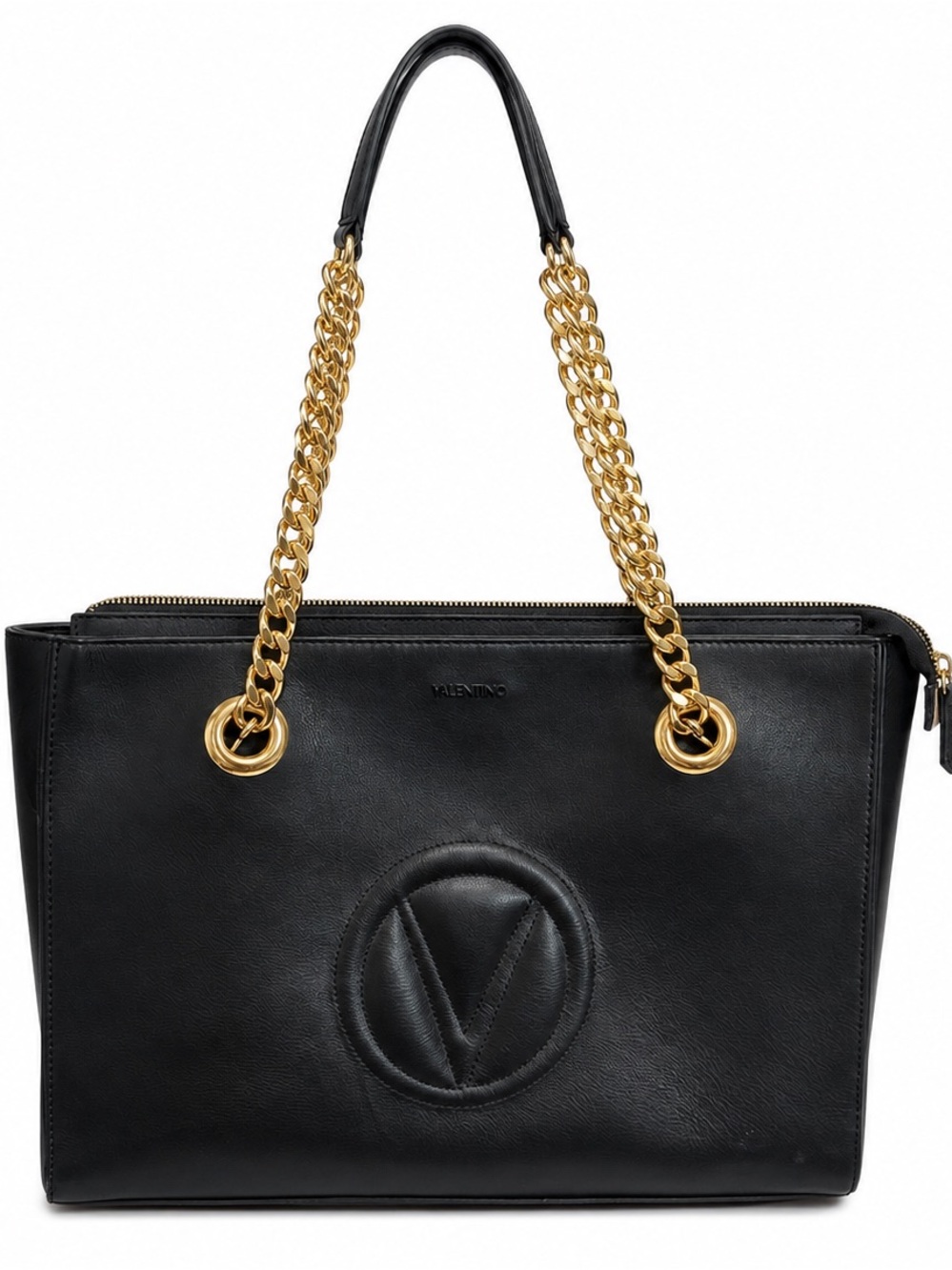 Mario Valentino Black Leather Tote with Gold Chain Handles